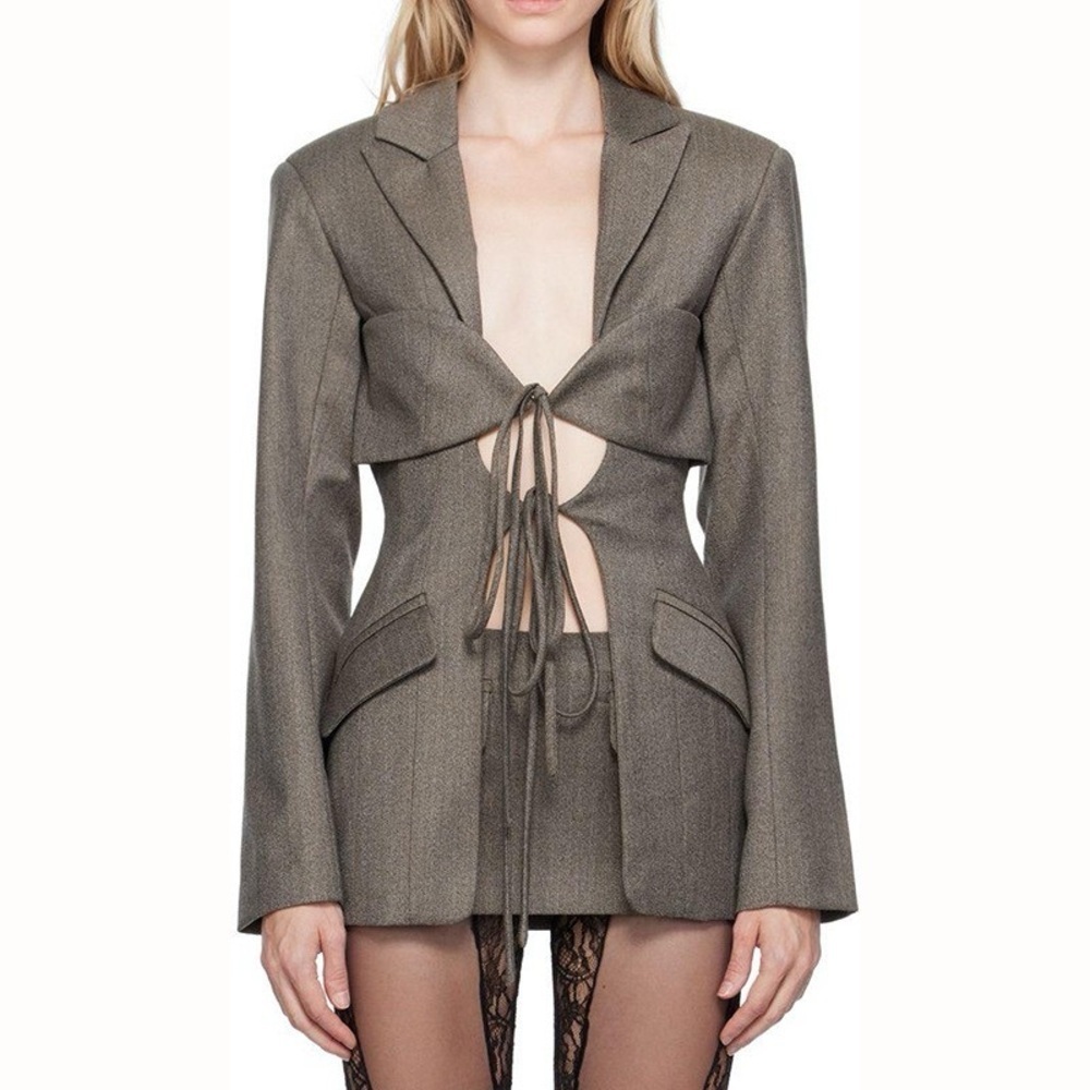 Sexy V-neck Hollow Out Coat Long Sleeve Waist Irregular Splicing Suit Coat NWT